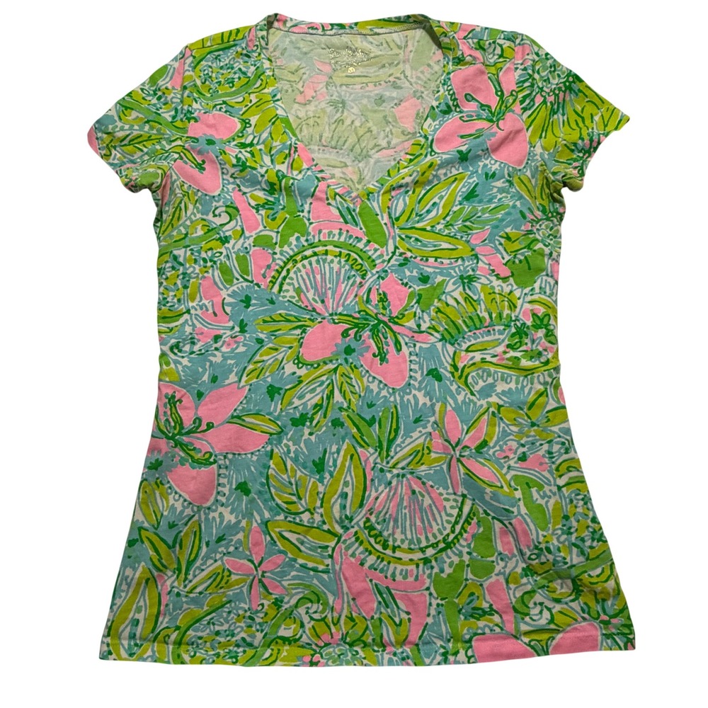 Lilly Pulitzer Womens XS V-Neck T-Shirt Pink Green Floral‎ Paisley Cotton Blend